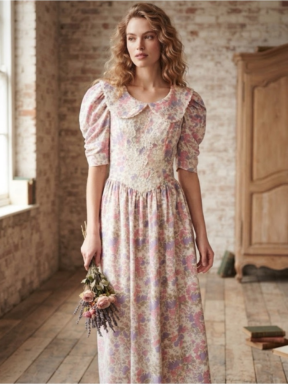 Vintage Gunne Sax Jessica McClintock Floral Lace-Trim Cottage Core Midi Dress